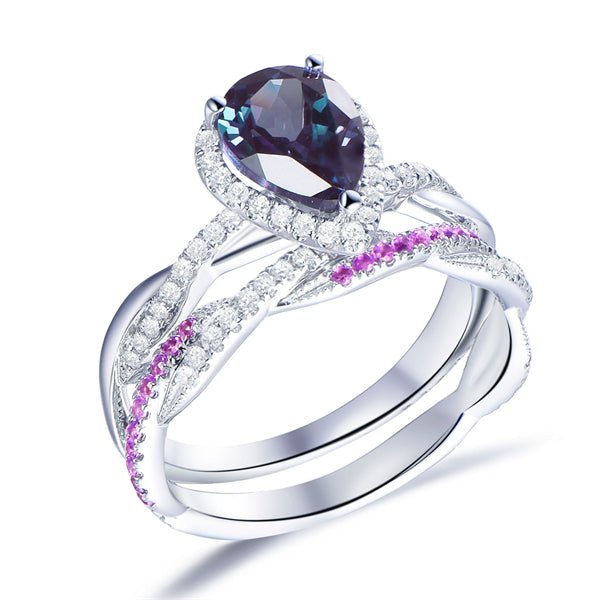 Pear Alexandrite Twisted Ring Amethyst Diamond Band Bridal Set 14K White Gold - Lord of Gem Rings