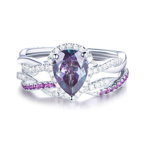 Pear Alexandrite Twisted Ring Amethyst Diamond Band Bridal Set 14K White Gold - Lord of Gem Rings