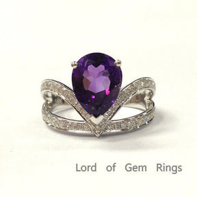 Pear Amethyst Bud Ring with Diamond Accents 14K White Gold - Lord of Gem Rings