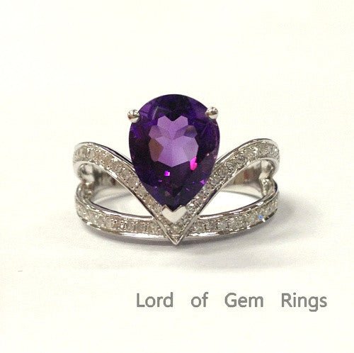 Pear Amethyst Bud Ring with Diamond Accents 14K White Gold - Lord of Gem Rings