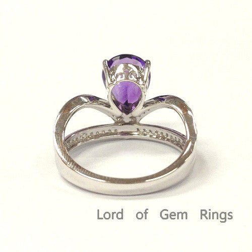 Pear Amethyst Bud Ring with Diamond Accents 14K White Gold - Lord of Gem Rings