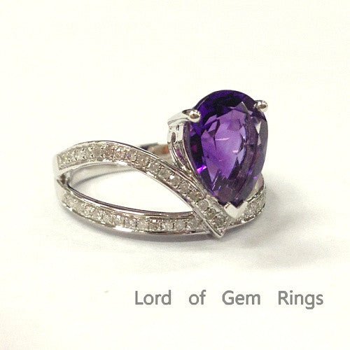 Pear Amethyst Bud Ring with Diamond Accents 14K White Gold - Lord of Gem Rings