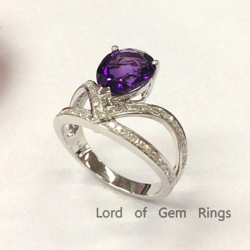 Pear Amethyst Bud Ring with Diamond Accents 14K White Gold - Lord of Gem Rings