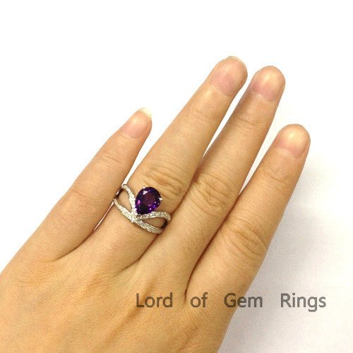 Pear Amethyst Bud Ring with Diamond Accents 14K White Gold - Lord of Gem Rings