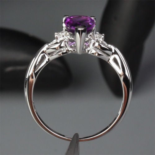 Pear Amethyst Diamond Bow Ring 14k White Gold - Lord of Gem Rings