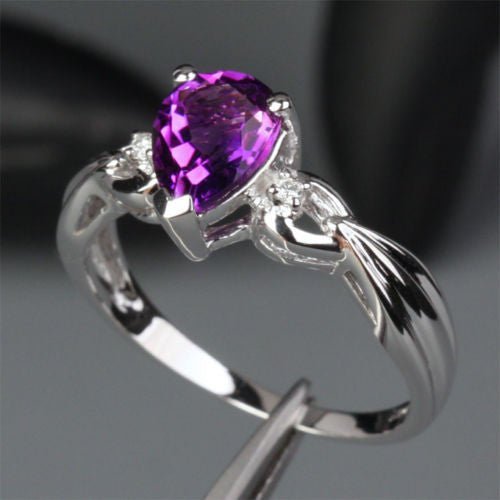 Pear Amethyst Diamond Bow Ring 14k White Gold - Lord of Gem Rings