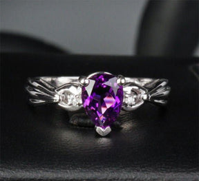 Pear Amethyst Diamond Bow Ring 14k White Gold - Lord of Gem Rings