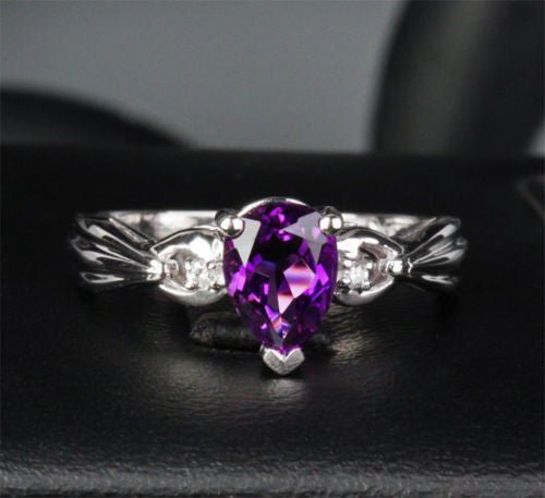 Pear Amethyst Diamond Bow Ring 14k White Gold - Lord of Gem Rings