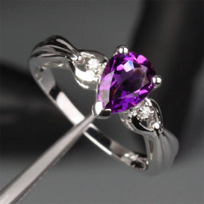 Pear Amethyst Diamond Bow Ring 14k White Gold - Lord of Gem Rings