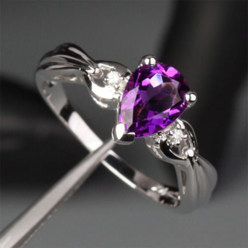 Pear Amethyst Diamond Bow Ring 14k White Gold