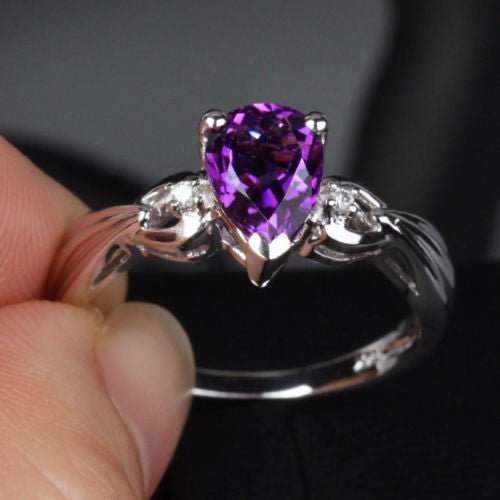 Pear Amethyst Diamond Bow Ring 14k White Gold - Lord of Gem Rings