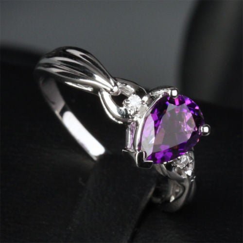 Pear Amethyst Diamond Bow Ring 14k White Gold - Lord of Gem Rings