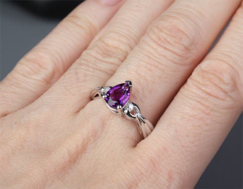 Pear Amethyst Diamond Bow Ring 14k White Gold - Lord of Gem Rings
