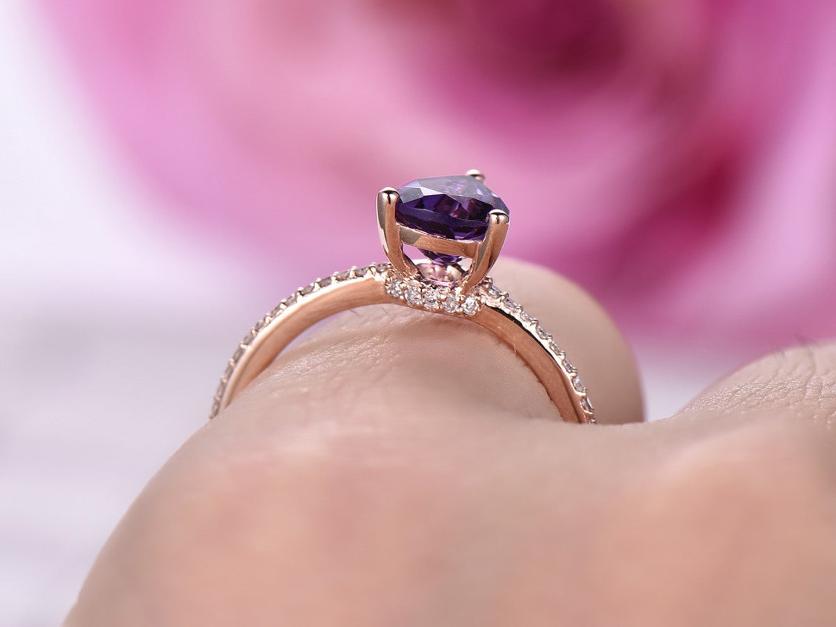 Pear Amethyst Engagement Ring with Diamond Hiddent Accents - Lord of Gem Rings
