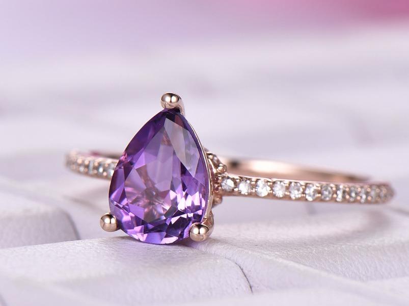 Pear Amethyst Engagement Ring with Diamond Hiddent Accents - Lord of Gem Rings