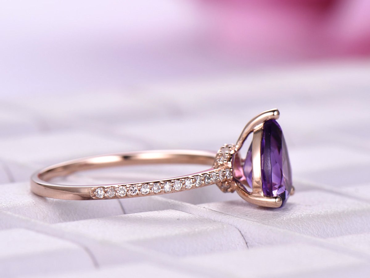 Pear Amethyst Engagement Ring with Diamond Hiddent Accents - Lord of Gem Rings