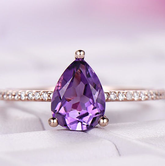 Pear Amethyst Engagement Ring with Diamond Hiddent Accents