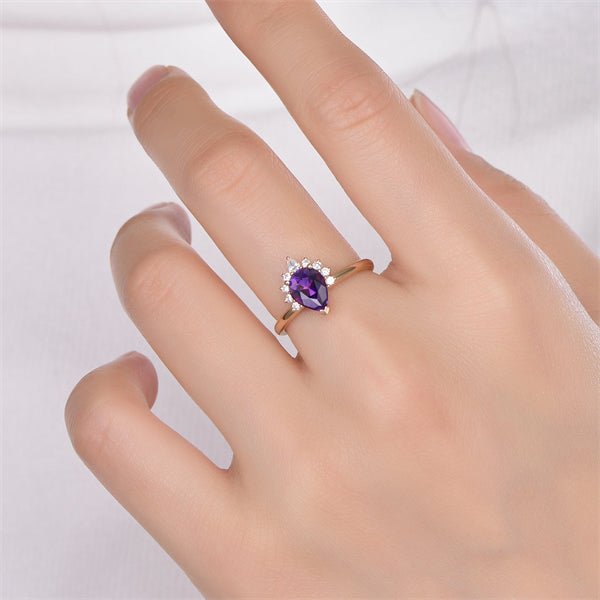 Pear Amethyst Moissanite Half Halo Ring 14K Yellow Gold - Lord of Gem Rings