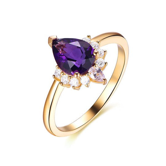 Pear Amethyst Moissanite Half Halo Ring 14K Yellow Gold