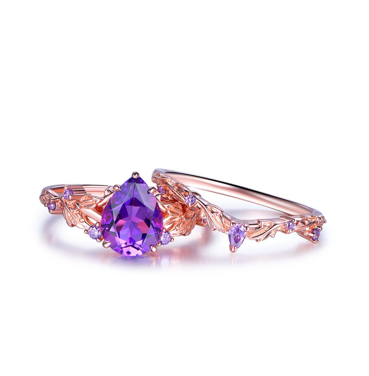Pear Amethyst Vine Ring Art Deco Bridal Set 14K Gold - Lord of Gem Rings