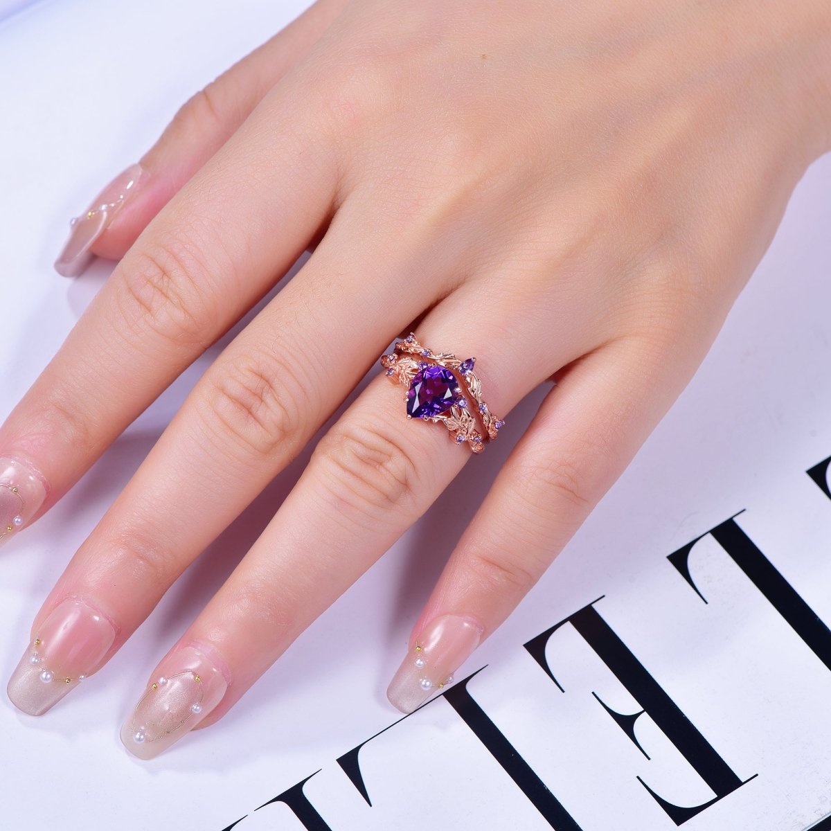 Pear Amethyst Vine Ring Art Deco Bridal Set 14K Gold - Lord of Gem Rings