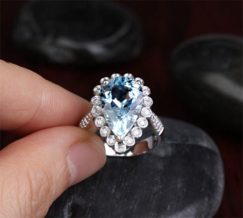 Pear Aquamarine Bezel-Set Diamond Bubble Halo Engagement Ring - Lord of Gem Rings