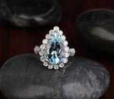 Pear Aquamarine Bezel-Set Diamond Bubble Halo Engagement Ring - Lord of Gem Rings