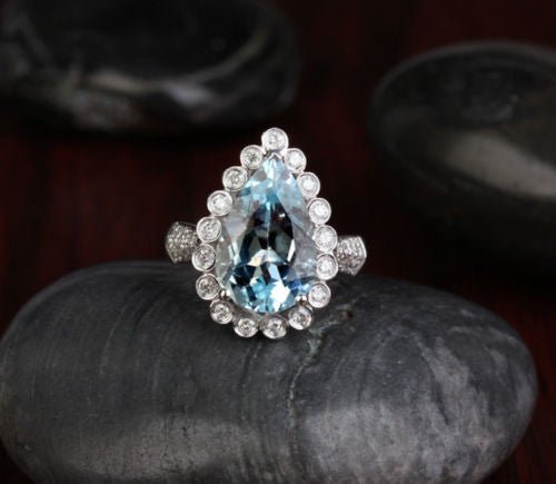 Pear Aquamarine Bezel-Set Diamond Bubble Halo Engagement Ring