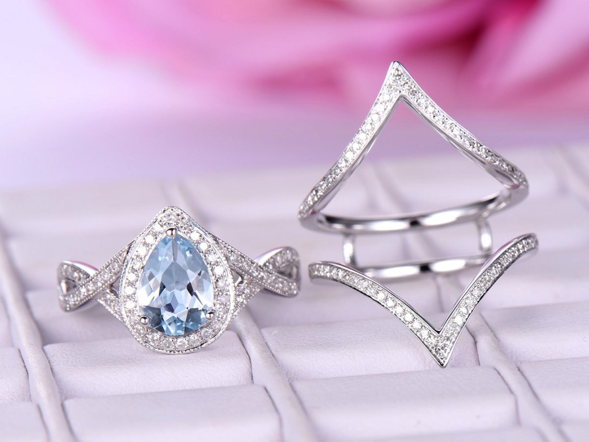 Pear Aquamarine Diamond Chevron Passionate Love Set - Lord of Gem Rings