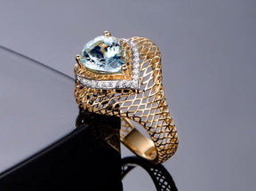 Pear Aquamarine Diamond Filigree Ring in 14K Two Tone Gold - Lord of Gem Rings