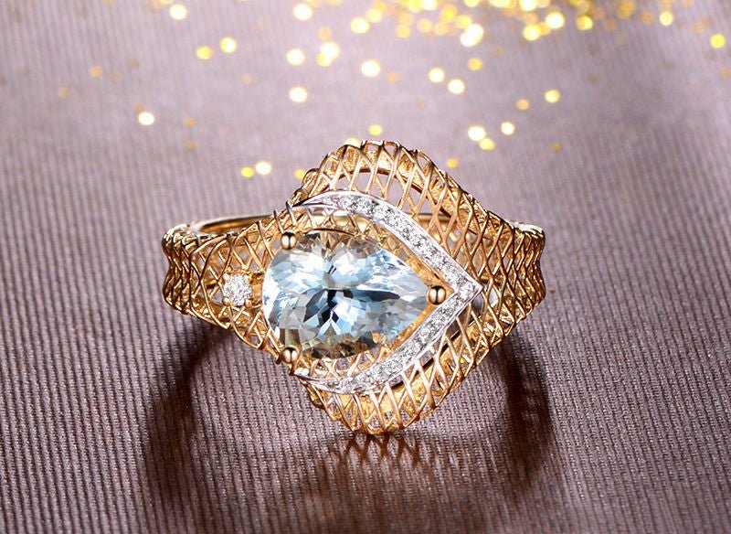 Pear Aquamarine Diamond Filigree Ring in 14K Two Tone Gold - Lord of Gem Rings