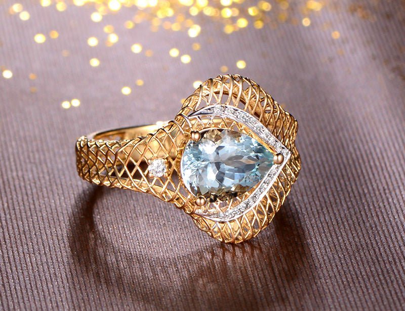 Pear Aquamarine Diamond Filigree Ring in 14K Two Tone Gold - Lord of Gem Rings