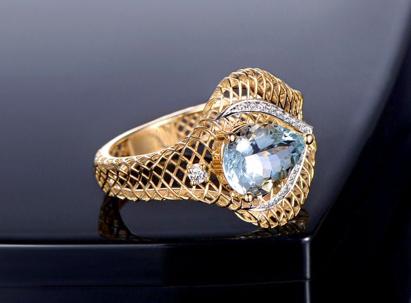 Pear Aquamarine Diamond Filigree Ring in 14K Two Tone Gold - Lord of Gem Rings