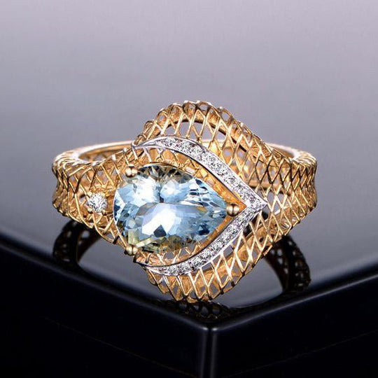 Pear Aquamarine Diamond Filigree Ring in 14K Two Tone Gold