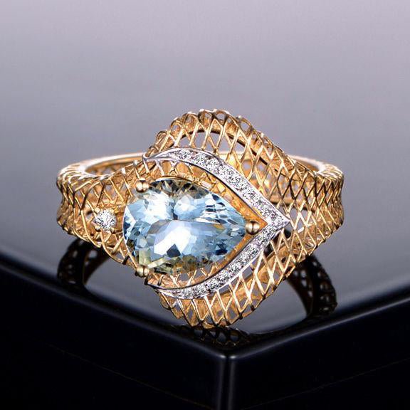 Pear Aquamarine Diamond Filigree Ring in 14K Two Tone Gold - Lord of Gem Rings