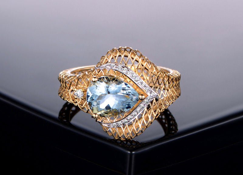 Pear Aquamarine Diamond Filigree Ring in 14K Two Tone Gold - Lord of Gem Rings