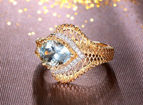 Pear Aquamarine Diamond Filigree Ring in 14K Two Tone Gold - Lord of Gem Rings