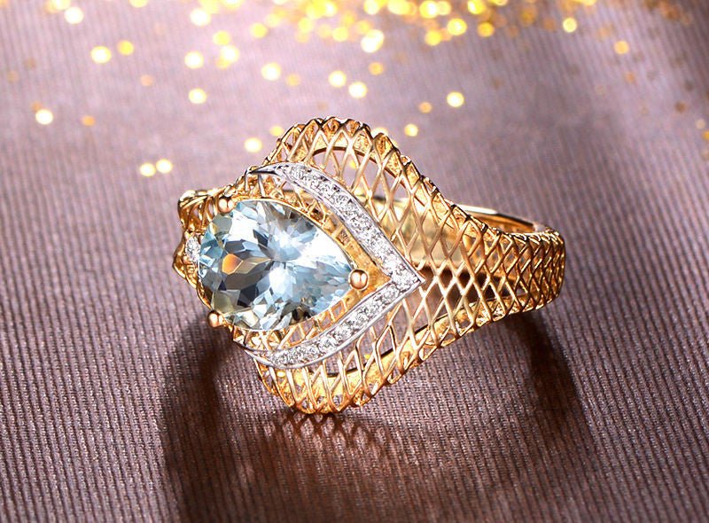 Pear Aquamarine Diamond Filigree Ring in 14K Two Tone Gold - Lord of Gem Rings