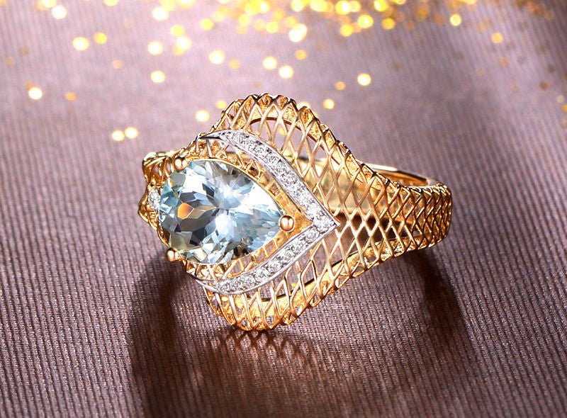 Pear Aquamarine Diamond Filigree Ring in 14K Two Tone Gold - Lord of Gem Rings