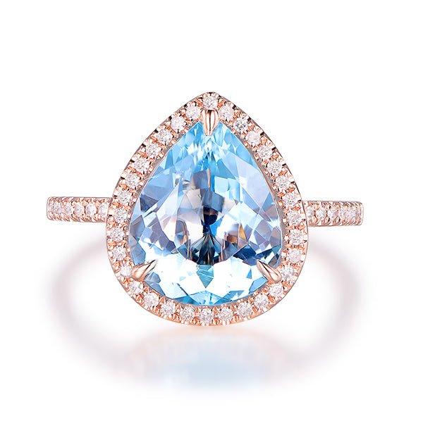 Pear Aquamarine Diamond Halo Engagement Ring 14K Rose Gold - Lord of Gem Rings