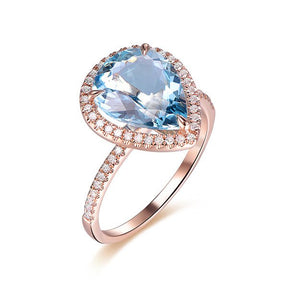 Pear Aquamarine Diamond Halo Engagement Ring 14K Rose Gold - Lord of Gem Rings