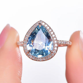 Pear Aquamarine Diamond Halo Engagement Ring 14K Rose Gold - Lord of Gem Rings