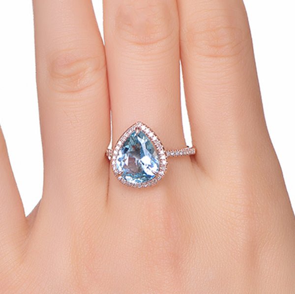 Pear Aquamarine Diamond Halo Engagement Ring 14K Rose Gold - Lord of Gem Rings