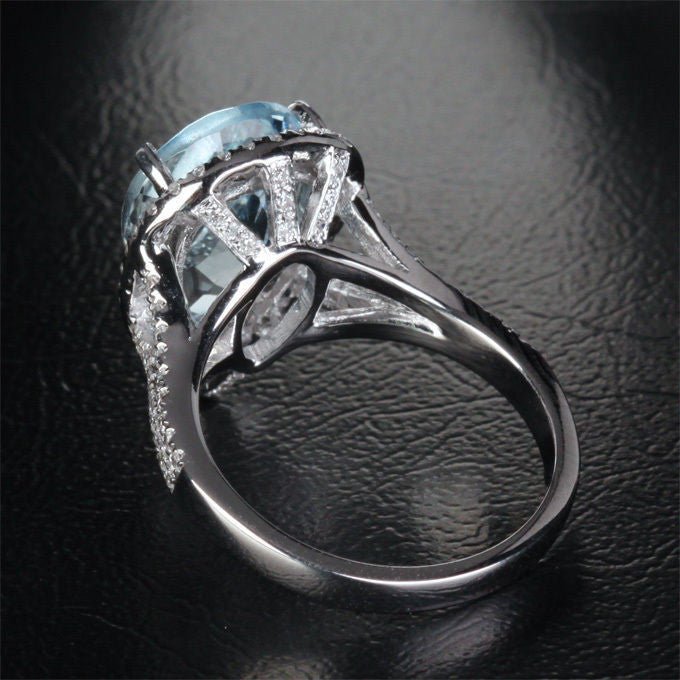 Pear Aquamarine Diamond Halo Split Shank Ring 14K White Gold - Lord of Gem Rings