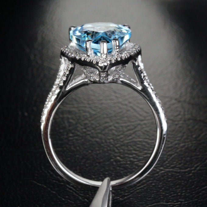 Pear Aquamarine Diamond Halo Split Shank Ring 14K White Gold - Lord of Gem Rings