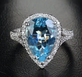 Pear Aquamarine Diamond Halo Split Shank Ring 14K White Gold - Lord of Gem Rings