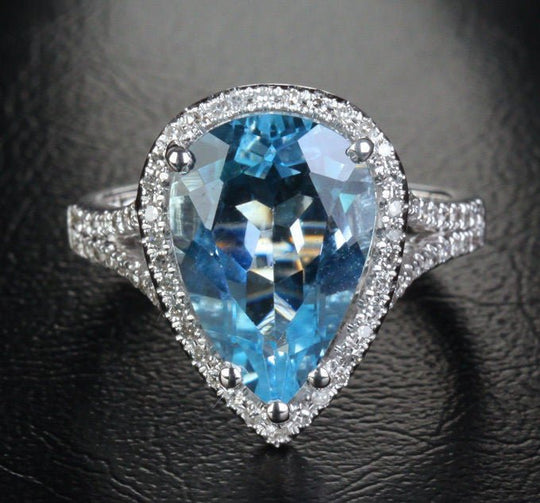 Pear Aquamarine Diamond Halo Split Shank Ring 14K White Gold
