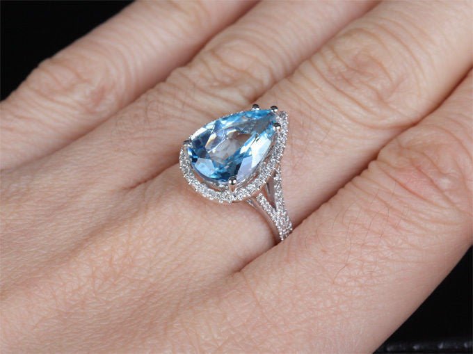 Pear Aquamarine Diamond Halo Split Shank Ring 14K White Gold - Lord of Gem Rings