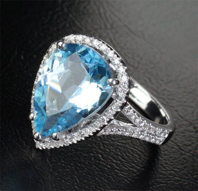 Pear Aquamarine Diamond Halo Split Shank Ring 14K White Gold - Lord of Gem Rings