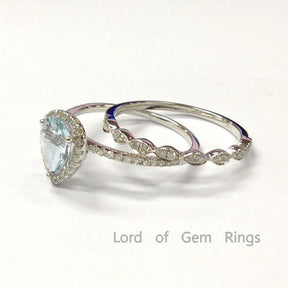Pear Aquamarine Diamond Marquise Bridal Set in 14K White Gold - Lord of Gem Rings
